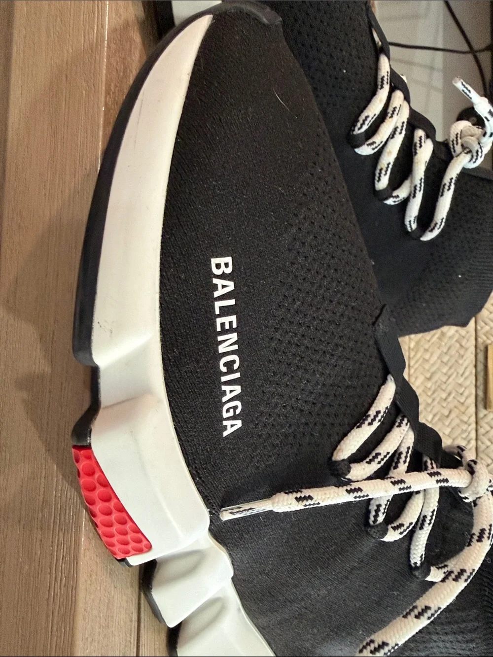 Balenciaga Black Knit Sock Sneakers with Red Sole Accents